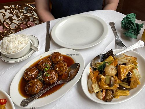 Stuffed mushrooms on the left, stir-fry on the right with water chestnuts, bamboo shoots, tofu, black fungus, mixed mushrooms and veg. Delicious! at Kam Sang  in Scarborough