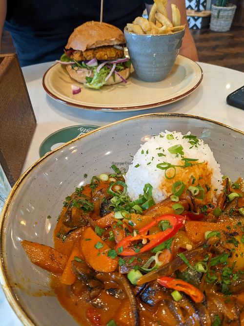 Thai Red Curry with in season and local veg - delicious! And the plant burger (my husband rated it but not the chips) at Honestly Farm Kitchen in Strandhill