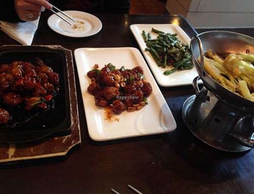 a mushroom dish, chicken + peanuts dish, pork + cauliflower, beans at Zǎozǐ Shù - Vegetarian Life Style - JiangNing in Shanghai