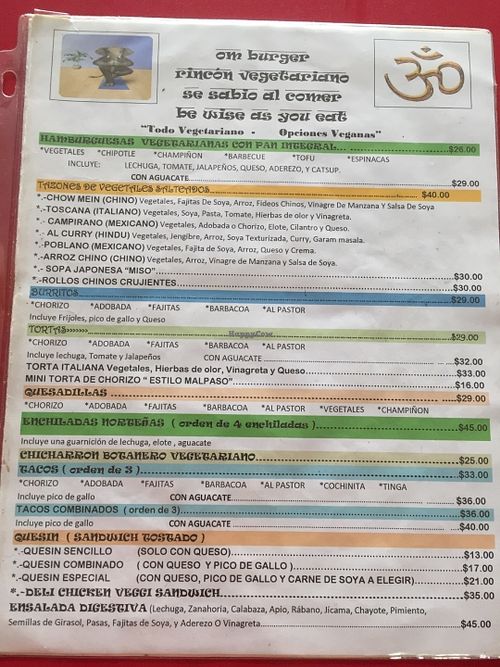 Current menu at Om Burger Rincon Vegetariano in Zacatecas