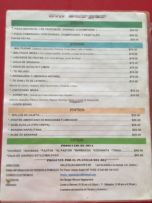 Current menu at Om Burger Rincon Vegetariano in Zacatecas
