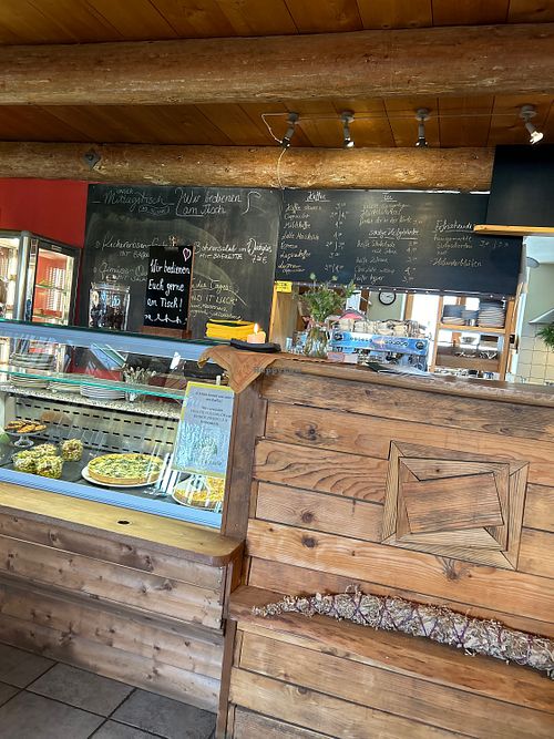 Daily limited menu with quiche with eggs, small bowl of soup, drinks, not much elsee  at Artemisia  in Stiefenhofen