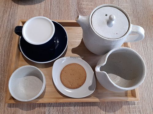 Tea set. Black rose with almond milk at Jing Si Books & Cafe  in Salisbury