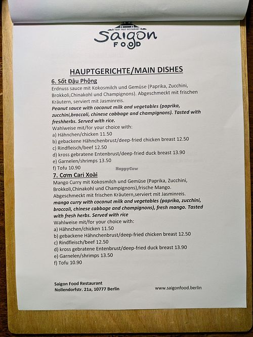 Menu page at Saigon Food Restaurant at Saigon Food Restaurant in Berlin