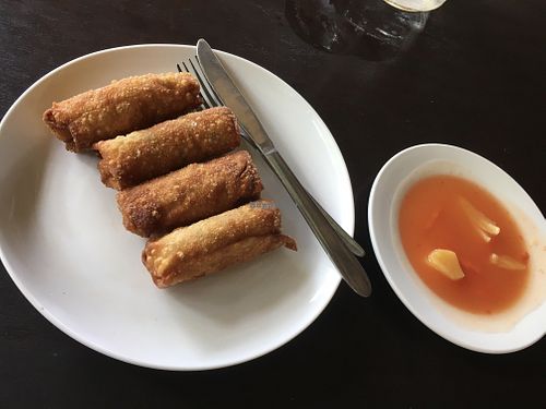 Lumpia, maybe a bit too crispy, but not oily and the sauce was delicious  at Siboghana Waroeng in Ubud