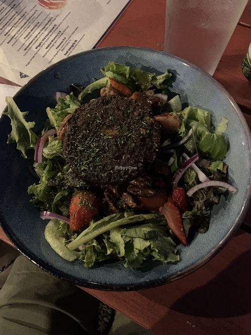 Strawberry salad, no cheese, add veggie burger.  at Beachfire in Ogunquit
