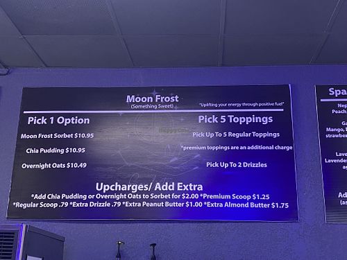 Sweet bowl menu (“sorbet” options include açaí, dragon fruit, matcha, and a few more)  at Soulistic in Lancaster