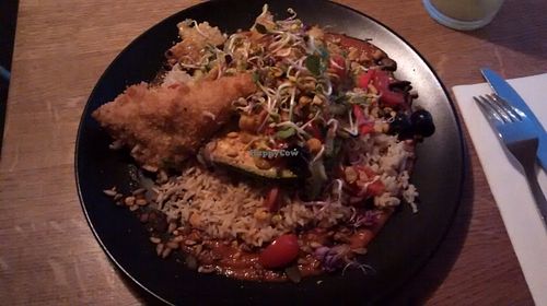 Grilled Avocado w/ Tempeh, Rice and Salad w/blueberries at Gratitude Restaurant in Munich