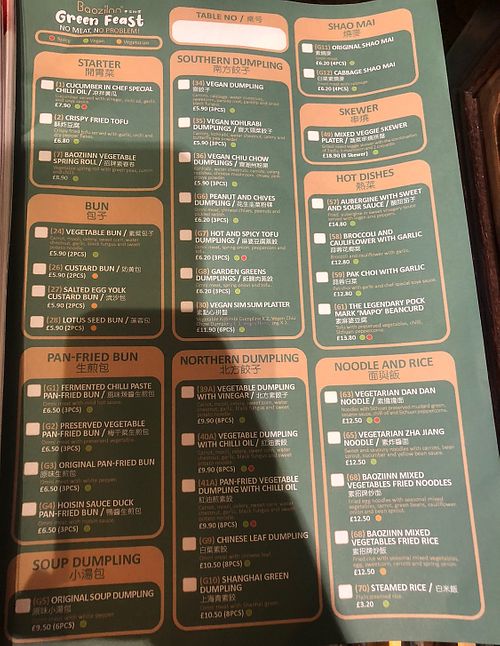 Vegan menu  at BaoziInn - Soho in London