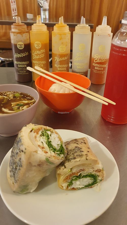 Caramelised tofu roll, miso soup and veg bun. With their homemade lemonade. at Knees to Chin  in Brussels