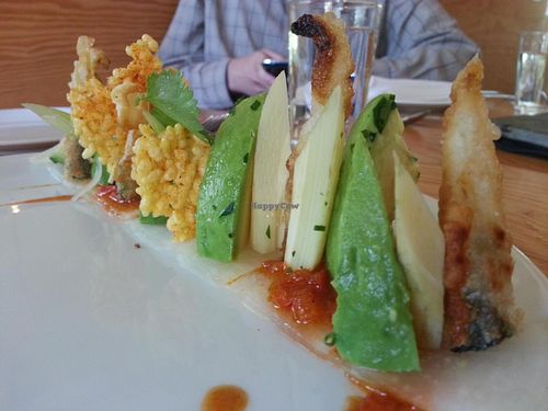 Heart of Palm - Perilla wrapped Okra, Puffed Rice, Avocado, Vindaloo  at The Parker in Vancouver