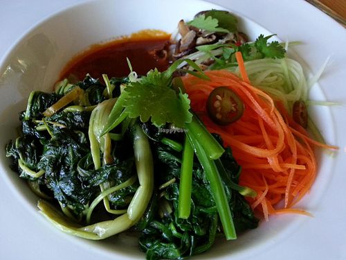 House-made Alkaline Noodles - Choy, Shiitakes, Chinese Chives, Sichuan Tomato Sauce at The Parker in Vancouver