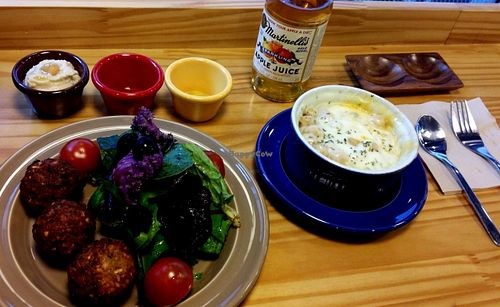 Falafel salad (small but very nice) and garlic chickpea mashed potatoes covered in a thick layer of melted cheese at Jack's Bean in Seoul