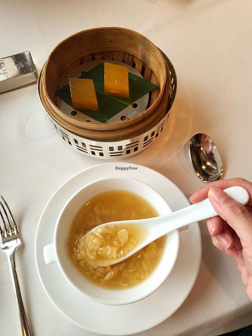 Sweetened pelted wheat cream w peanuts and steamed snow date puddings at Lung King Heen in Hong Kong Island