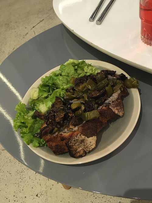 Tartine of the day : mushroom cream and roasted vegetables  at ZEITGEIST Café in Lyon