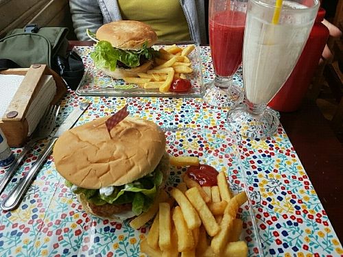 Two great burgers with extra fries at Vegan Bunker in Santiago