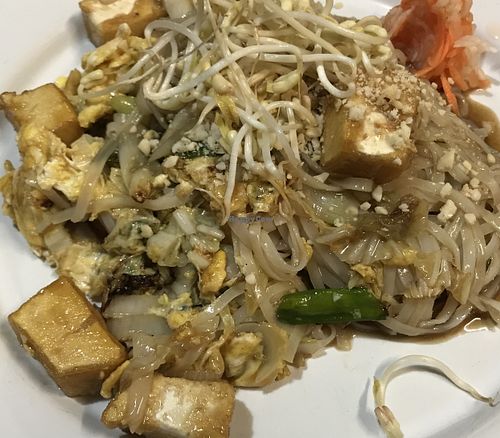 Pad Thai, the classic Thai dish. Stir-fried rice noodles with tofu, Napa cabbage, green onions and fresh bean sprouts. Gluten-free and delicious!  at Asia Caribe in Isla Mujeres