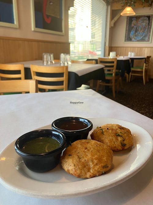 Aloo Tikki (appetizer). Potato patty lightly spiced deep fried. Great with the dipping sauces. at Tandoor Restaurant in Bloomington