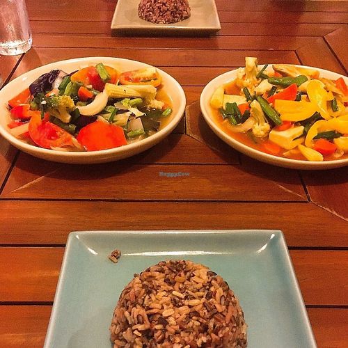 Amazing stir fry's with red rice at Anchan Vegetarian Restaurant in Chiang Mai