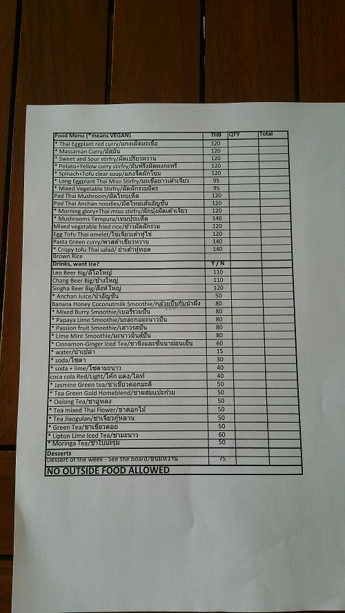 self serve menu at Anchan Vegetarian Restaurant in Chiang Mai