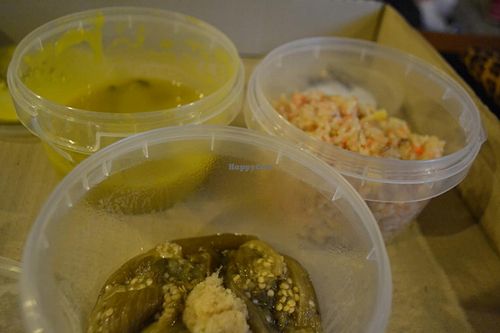 tiny protions of rice (tasteless and cold), pumpkin soup (tasteless) and eggplant with ginger (awful burnt taste no ginger taste) at SALADee in Bangkok