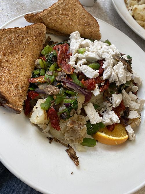 Vegan Hash is amazing.  They use local vegan cheese made by Lettie’s. I highly recommend this dish    at Family Place Restaurant in Huntsville