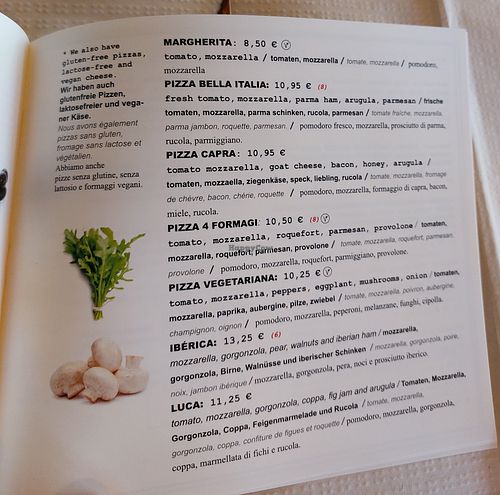 Menu pizza at Marina  in Calella