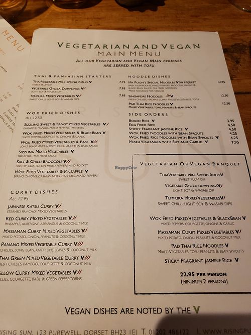 Separate vegan/veggie menu at The Rising Sun in Christchurch