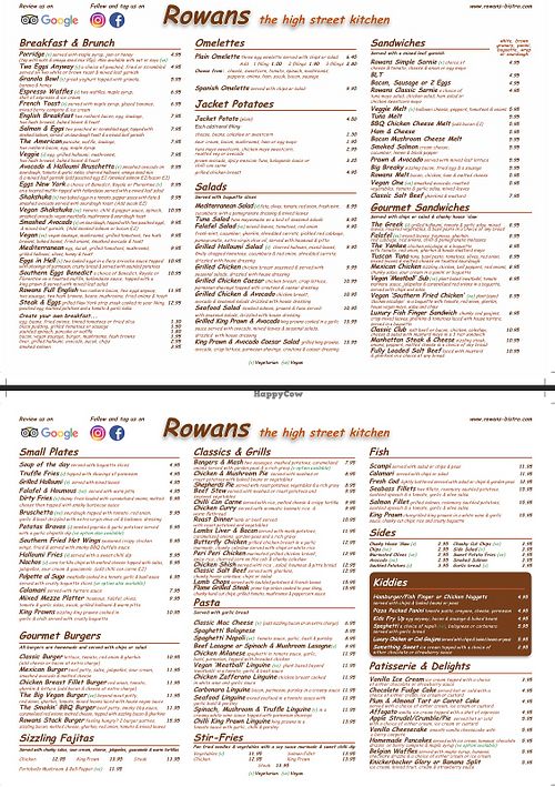 Menu showing vegan options  at Rowans in Ilford