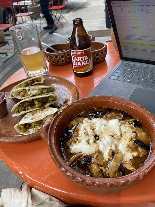 Gringas with chickpea chorizo & tapioca cheese + Sopa Azteca  at Taco Santo in Mexico City