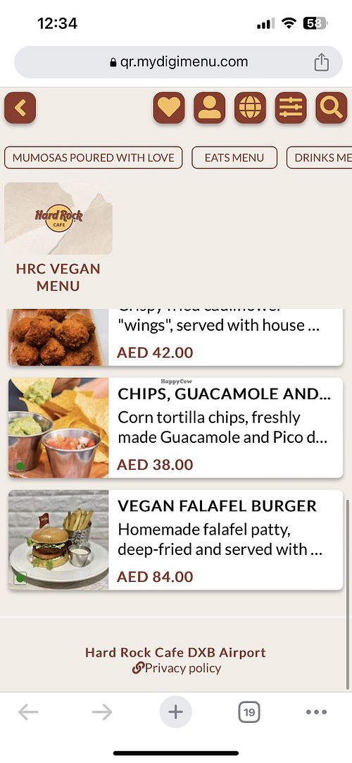 Vegan Menu 2/2  at DXB - Hard Rock Cafe - T3 - B in Dubai