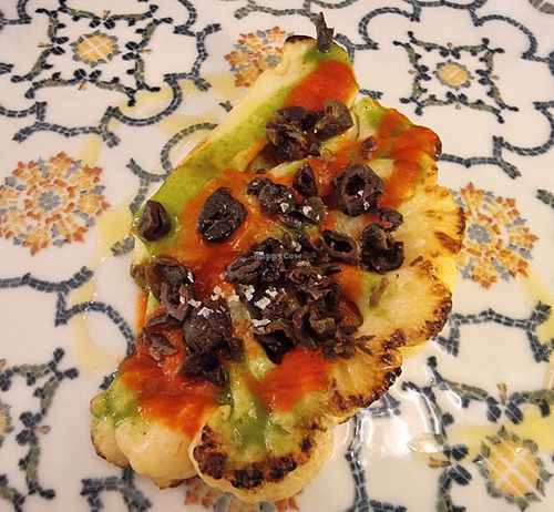 Roasted cauliflower, Piquillo pepper sauce, pak choi cream 
and dehydrated Taggiasca olives  at Ristorante Risorgimento in Sirmione