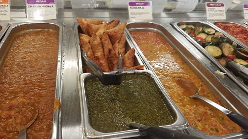 Some vegan hot bar items at Lazy Acres Market in Long Beach