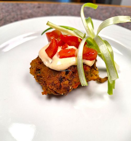 Lions mane 'crab' cake with vegan aioli--a regular item on our menu, but this was for our May Day 2024 event. at Roberto's Pizza in Scranton
