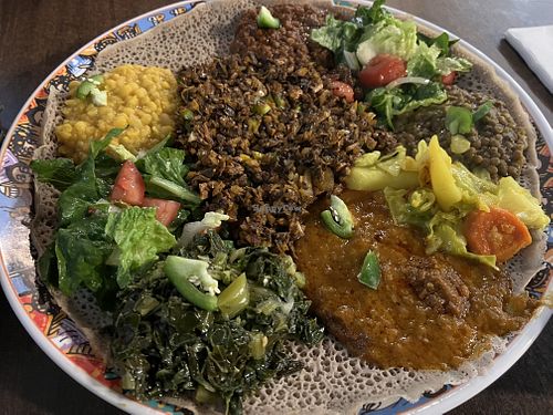 Vegan combo & mushroom dulet all on the same plate  at Selam Restaurant and Cafe in San Jose