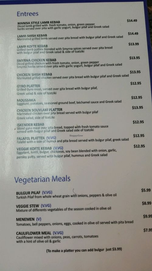 menu at Smyrna Mediterranean Cuisine in Fredericksburg