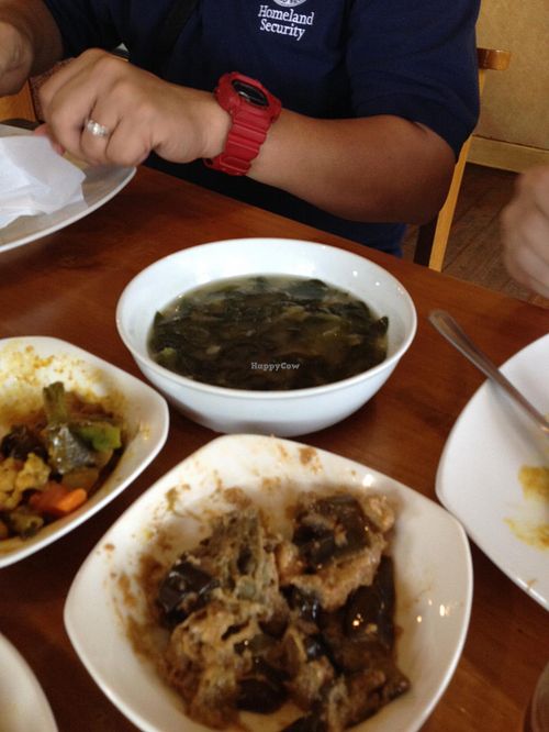 Malunggay soup and awesome tofu/eggplant dish at Blissful Belly Vegetarian Cuisine in Quezon City