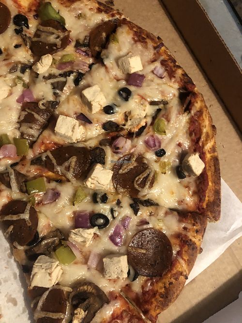 We ordered pepperoni, chicken, bell pepper, red onion, and olives. Tasty, but really lacking in the veggie department, considering those 3 veggies added $6 to the overall cost  at Pizza Twist in Puyallup