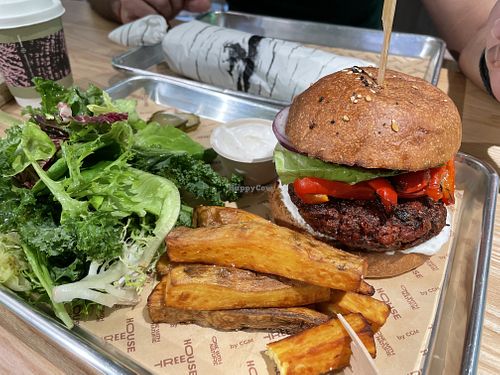 Yum! Forest burger with sweet potato fries, vegan mayo, leaves and coffee   at TREEHOUSE - Causeway Bay in Hong Kong Island