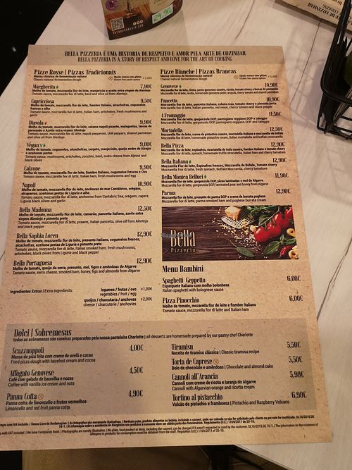 Menu #1 at Bella Pizzeria in Portimao