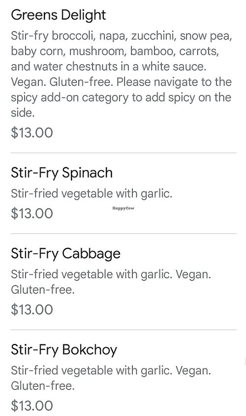 Vegan items have a green dot on printed photo menu at Kitchen Master in Frisco