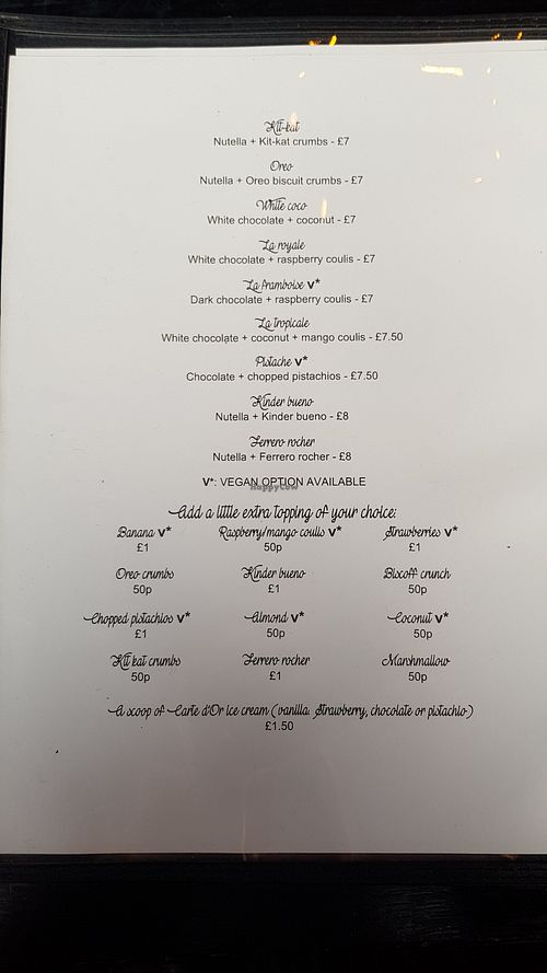 Clearly labelled menu (Crêpes) at Crêperie Nathalie in Whitley Bay