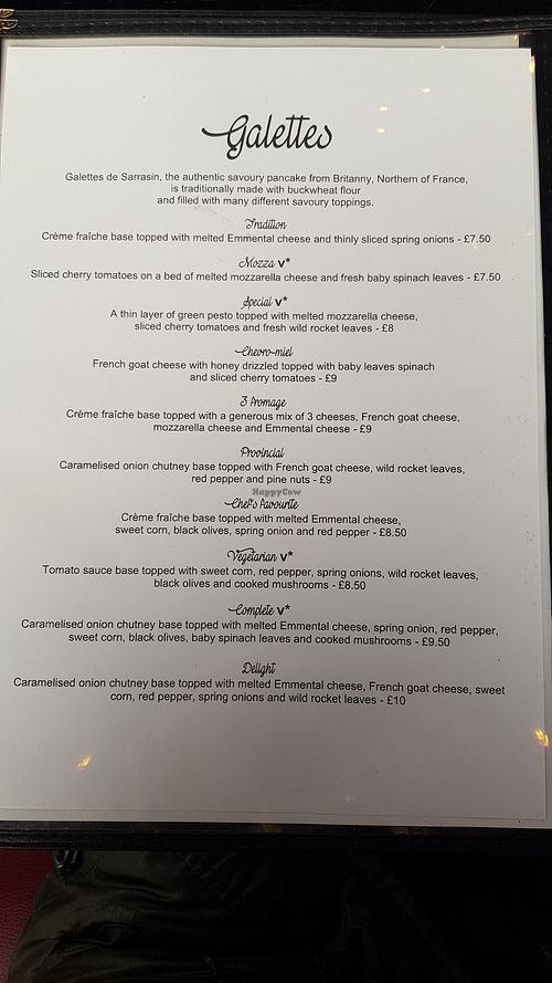 Galettes menu at Crêperie Nathalie in Whitley Bay
