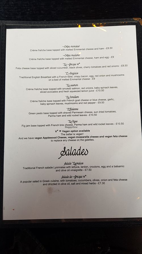 Clearly labelled menu (Galettes) at Crêperie Nathalie in Whitley Bay