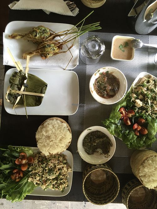 A banquet of vegan dishes we made during the class   at Tamarind - A Taste of Laos in Luang Prabang