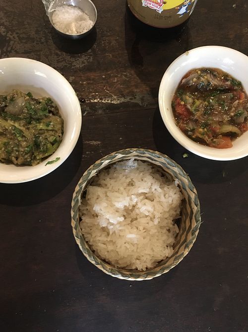 Eggplant and tomato jeow with sticky rice  at Tamarind - A Taste of Laos in Luang Prabang