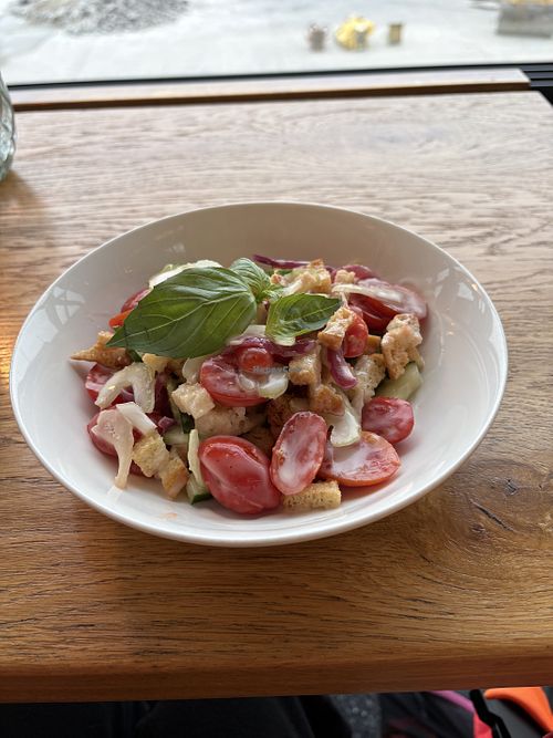 Tuscan bread salad, dressing ingredients unknown so might not be vegan  at ZRH - Villa Antinori da Bindella in Kloten