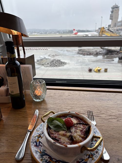 Parmigiana Vegana -vegan cheese; and nice view !  at ZRH - Villa Antinori da Bindella in Kloten
