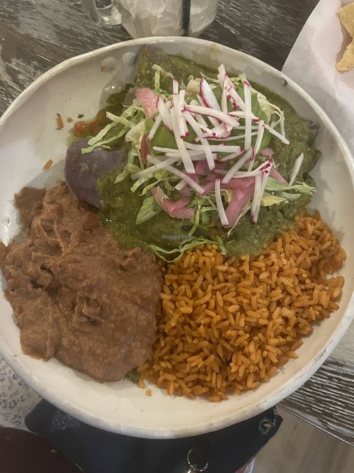 Vegan enchiladas with green sauce   at Neno's Gourmet Mexican Street Food in Rochester