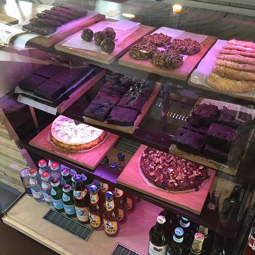 selection of cakes and drinks at MiiT in Riga